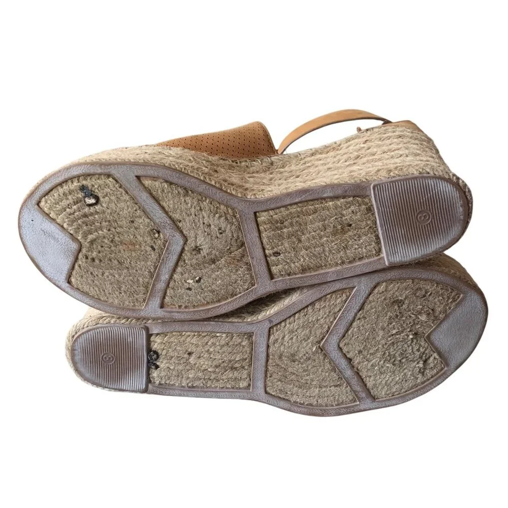 MARC FISHER Tan Leather Annie Perforated Espadrille Platform Wedge Sandals 8